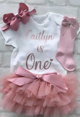 FLORENCE LILY BOUTIQUE Personalised 1st Birthday Dusky Pink Rose Gold Outfit Dress Tutu Knickers