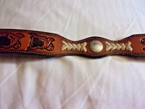 Vintage Hand Tooled Brown and Black Leather Belt with Silver Discs - Nice Design - Picture 1 of 8