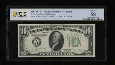 DBR 1934-D $10 Boston Fr. 2009-A PCGS-B 58 Serial A07344804C - Image 1 of 2