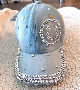 BASEBALL HAT, RUGGED DENIM, RHINESTONE, HAPPY FACE, ADJUSTABLE, NEW, OLIVIA&KATE - Picture 1 of 14