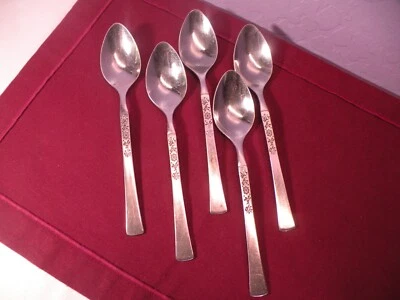 Set Of 5 EKCO Cantina Stainless Steel Soup Spoons Flower Korea Vintage B 7 1/2" - Image 1 of 4