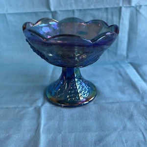Blue Carnival Glass Candlestick Holder Grape & Leaves - Picture 1 of 3