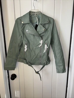 Chaqueta de moto de cuero sintético verde pequeña Foto 1 de 4
