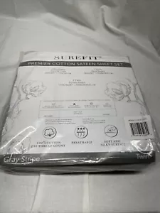 TWIN Surefit Premier Cotton Sateen Sheet Set, 230 TC Grey Stripe NEW SEALED - Picture 1 of 6