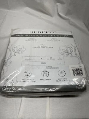 Juego de sábanas de satén de algodón TWIN Surefit Premier, 230 TC rayas grises NUEVO SELLADO Foto 1 de 4