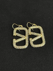 Valentino Gold V Motif Designed Crystal Charming Dangle Drop Earrings - Picture 1 of 7