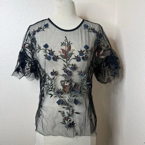 Dalia Black Sheer Embroidered Top Womens Medium Whimsigoth Fairy Grunge Witchy - Picture 1 of 12