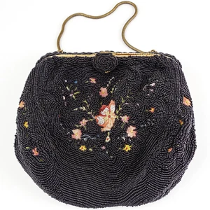 Paris Black Caviar Beaded Purse, Evening Bag — Hand Embroidered in Silk 1920s - Picture 1 of 5