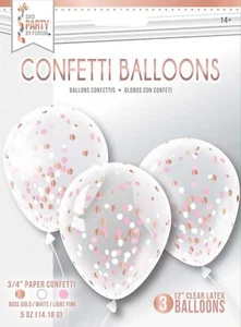 3 12” Confetti Clear Latex Balloons Confetti - Rose Gold/White/Light Pink - Picture 1 of 3