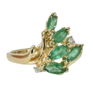 14k Solid Yellow Gold Natural Diamond Marquise Shaped Natural Emerald Ring - Picture 1 of 11