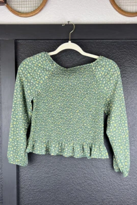 Speechless Girls' Square Neck Smocked Top Puff Sleeves Hunter Green Gold Sz Lg - Image 1 of 4