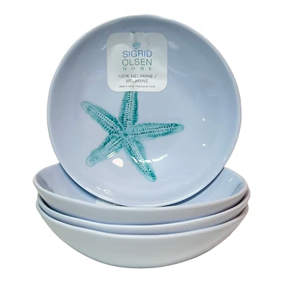 Sigrid Olsen Melamine Starfish Teal & White FOUR Cereal Salad Bowls Beach NEW