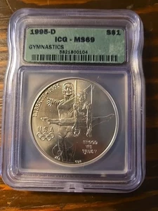 "TONER" 1995 D Olympics Gymnastics Commemorative 1oz Silver Dollar $1 ICG MS69 - Picture 1 of 3