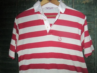 LIGHTNING BOLT Vtg 70s 80s White Candy Stripe SURF Surfer hang ten Polo T Shirt - Image 1 of 4