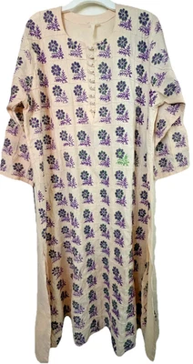 Cream Tunic Kaftan Dress One Size Purple Flowers Embroidered Crocheted 42" Chest - Image 1 of 4
