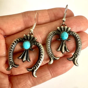 Navajo Naja Turquoise Earrings 2in Billah Sterling Matte Hook 925 Squash Blossom - Picture 1 of 6