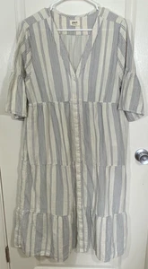 Pact Dress Large Ivory Blue Stripes Organic Cotton Coastal Double Gauze Tiered - Picture 1 of 12