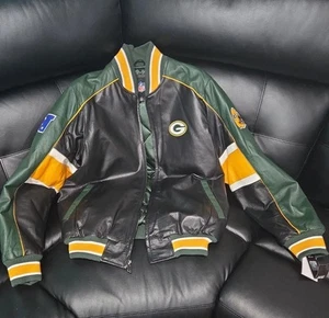 Green Bay Packers Jacket Mens Size M Black/Green Faux Leather NFL Coat Back Hit - Picture 1 of 6
