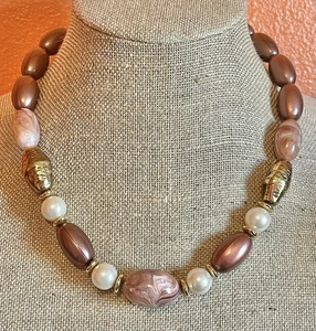 Vintage 22” Avon Acrylic Marbled Beaded Barrel Clasp Necklace Gold Tone Jewelry - Bild 1 von 9