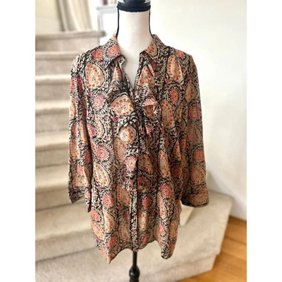 Ralph Lauren Black Orange Paisley Block Print Cotton Ruffle Button Down - Image 1 of 4