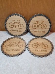 4 Bike Chain Wooden Drink Coasters Upcycled Bike Parts “Enjoy The Ride” Cork 4” - Picture 1 of 8