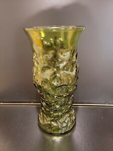 VINTAGE E.O. Brody Co. Cleveland Ohio Avocado Green Crinkle Glass Vase 9.5" Tall