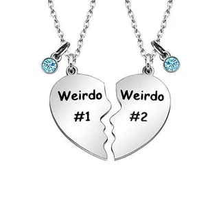 Friendship Gifts Weirdo 1 & Weirdo 2 Two Split Heart Pendant Necklace for BFF - Picture 1 of 5