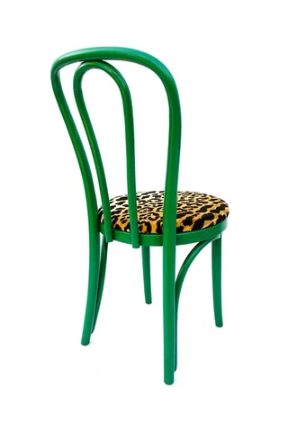 Vintage Thonet Green Bentwood & Rattan Chair with Leopard Velvet Cushion Cover