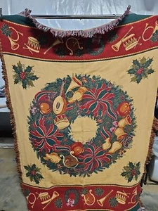 Goodwin Weavers Wreath Christmas Holiday Lg. 60×50" Throw Blanket Tapestry EC - Picture 1 of 11