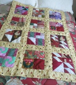 Handmade 12 Block  Patchwork Quilt Wall Hanging Yellow Fabric w/Leaves Binding - Picture 1 of 11