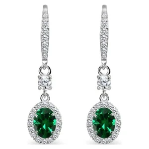1.65 TCW Simulated Oval Emerald & Round Sapphire Drop Hoop Party Wear Earrings - Picture 1 of 7
