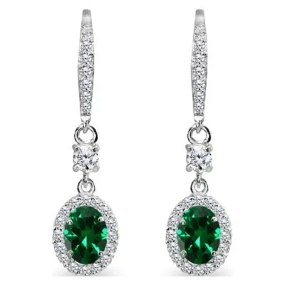 1.65 TCW Simulated Oval Emerald & Round Sapphire Drop Hoop Party Wear Earrings - Image 1 of 4