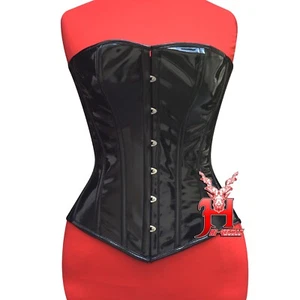 Victorian Vintage Bustier Overbust Steel Boned Buckle Black PVC Corsets - Picture 1 of 4