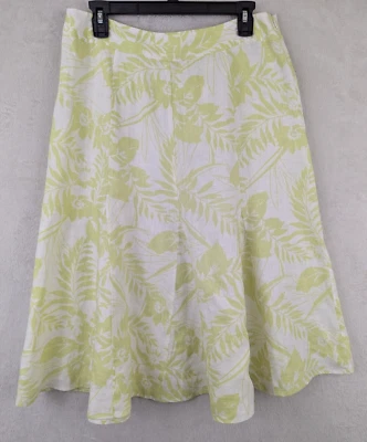 JM Collection sz 10 100% Linen Midi Skirt a-line green white leaf print 1056 - Image 1 of 4