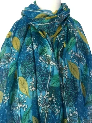 PURPLE POSSUM® Blue Scarf Ladies Turquoise Floral Wrap Allium Flowers Shawl Mustard Yellow Leaf