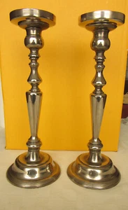VTG PAIR SILVER PLATE CANDLESTICKS, WITH CANDLE WAX CATCHER INSERTS 12" - Picture 1 of 4