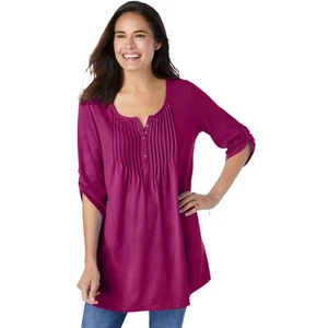 Woman Within 7-Day Three-Quarter Sleeve Pintucked Henley Tunic 37 - Picture 1 of 14