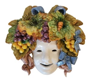 Handmade Italy Ceramic Bacchus Face Wall Mask w/ Fruit & Grape Leaves Maiolica - Picture 1 of 3