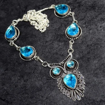 925 Silver Plated Owl Blue Topaz Necklace Handmade Gemstone Size 18" GW - Image 1 of 3