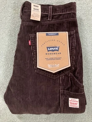 "Pantalones de carpintero sueltos de pana Levis 568 marrón ropa de trabajo marrón talla 33""x34"" nuevos con etiquetas" Foto 1 de 4