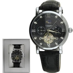 Longbo Men's Automatic Watch with Leather Strap - Silver/Black - Picture 1 of 4