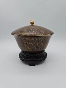 Vintage Chinese Cloisonne Covered Bowl on Wood Stand Enamel over Copper Floral - Picture 1 of 8