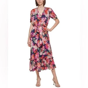 Calvin Klein Blumenmuster Gürtel MIDI Kleid Größe 8 - Bild 1 von 9