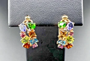 ESTATE 14K YG YELLOW GOLD MULTI-GEMSTONE DIAMOND ACCENTED HOOP EARRINGS - Picture 1 of 5