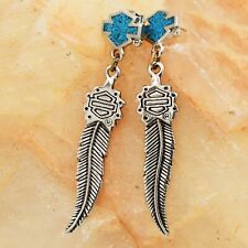 Sterling Silver 925 Harley Davidson Turquoise Dangle/Drop Feather Earrings