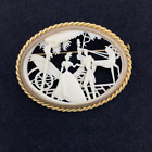 CELLULOID courting couple vintage 20s brooch - 3D horse carriage scene France