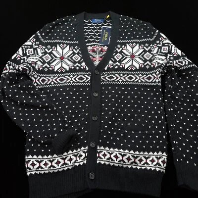 POLO RALPH LAUREN CARDIGAN SWEATER 3XLT TALL BLACK WHITE RED FAIR ISLE SNOWFLAKE - Image 1 of 4