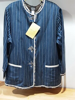 NEW Koos Reversible Linen/Rayon Jacket size 2X blue w/tan stripes pockets  - Image 1 of 4