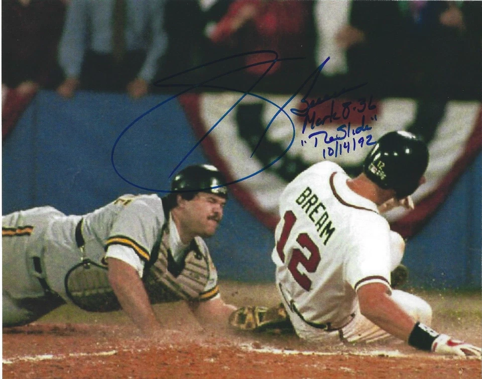 Foto firmada por SID BREAM de 8 x 10 ATLANTA BRAVES de béisbol THE SLIDE Serie Mundial MLB Foto 1 de 1