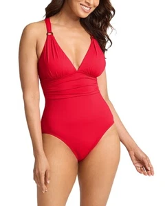 Tommy Bahama Women's Standard Pearl Novelty Vneck One-Piece, Red Hibiscus Size 8 - Picture 1 of 2